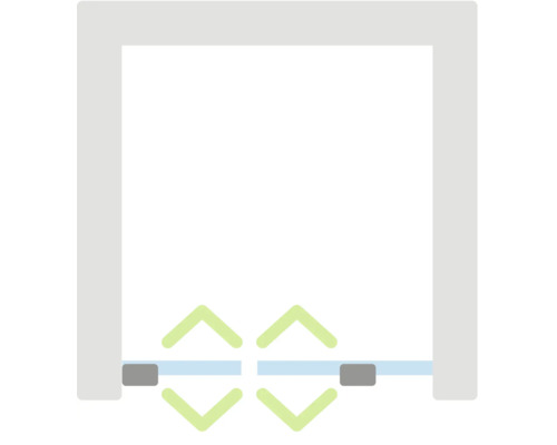 Schematische Darstellung einer zweiflügeligen Pendeltür, die sich in beide Richtungen öffnen lässt.