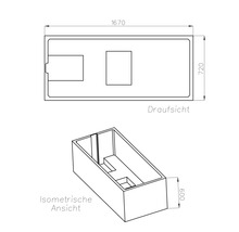 Technische Zeichnung einer rechteckigen Badewanne mit Draufsicht und isometrischer Ansicht, Maße 1670 mal 720 mal 600.