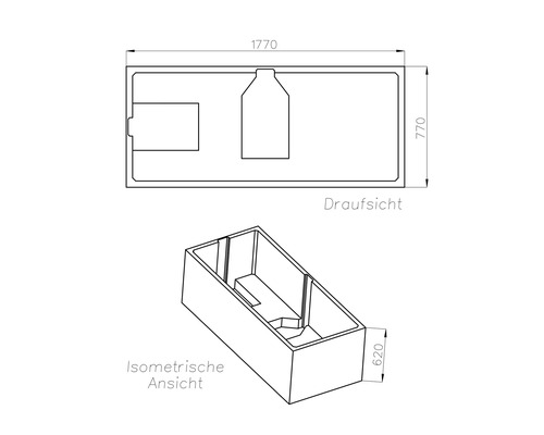Technische Zeichnung einer rechteckigen Badewanne in der Draufsicht und isometrischen Ansicht mit den Maßen 1770 mal 770 mal 620 Millimeter.
