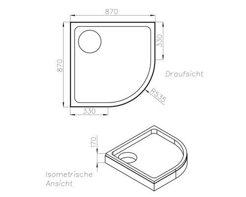 Maßzeichnung Viertelkreis-Duschwanne, 870 mal 870 Millimeter, Höhe 170 Millimeter, Radius 535 Millimeter, Draufsicht und isometrische Ansicht.