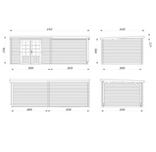 Dessin technique d une cabane de jardin avec extension en vue de face, vue latérale et vue arrière avec dimensions en millimètres.