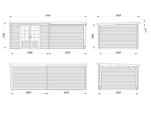 Dessin technique d une cabane de jardin avec extension en vue de face, vue latérale et vue arrière avec dimensions en millimètres.
