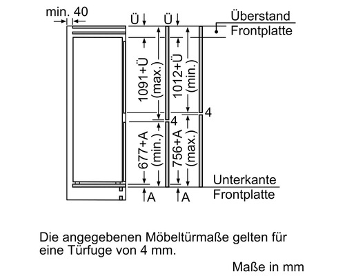 Technische Zeichnung für Einbauschranktüren mit Maßangaben für Überstand und Unterkante der Frontplatte in Millimeter.