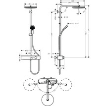 Dessin technique d'un système de douche avec pomme de douche, douchette et mitigeur thermostatique avec mesures en millimètres.