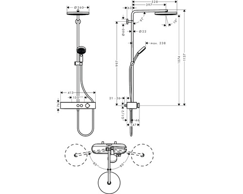 Dessin technique d'un système de douche avec pomme de douche, douchette et mitigeur thermostatique avec mesures en millimètres.