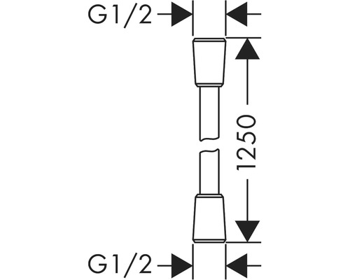 Dessin technique d'un flexible de douche avec raccord G 1/2 pouce et longueur de 1250 millimètres.