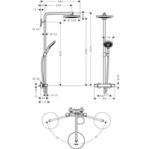 Dessin technique d un système de douche avec douche de tête et douchette incluant les dimensions en millimètres.