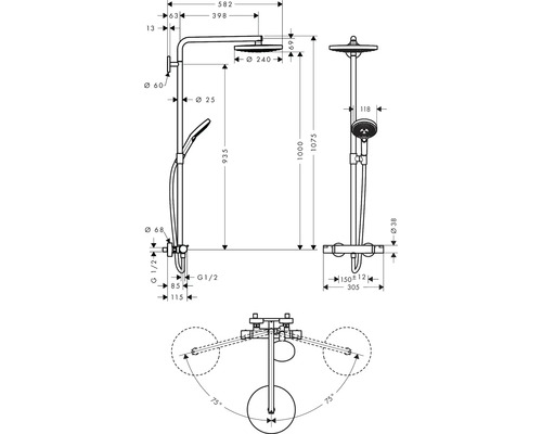 Dessin technique d un système de douche avec douche de tête et douchette incluant les dimensions en millimètres.