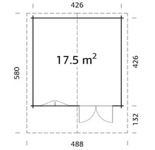 Plan au sol d'un abri de jardin d'une surface de 17,5 mètres carrés et des dimensions de 488 sur 580 centimètres.