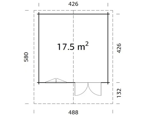 Plan au sol d'un abri de jardin d'une surface de 17,5 mètres carrés et des dimensions de 488 sur 580 centimètres.