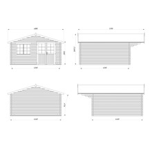 Dessin technique avec dimensions pour un abri de jardin en bois, vues des quatre côtés avec inclinaison du toit de 16,5 degrés.