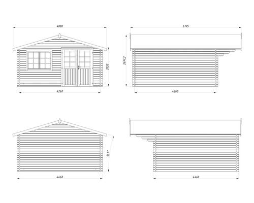 Plan technique avec dimensions d'un abri de jardin en bois avec double porte et fenêtre.