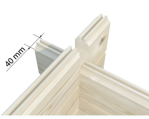 Eckverbindung von Blockbohlen mit Doppelnut und Feder, Wandstärke 40 Millimeter.