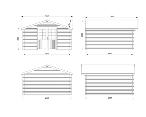 Dessin technique d un abri de jardin avec dimensions de largeur, hauteur et inclinaison du toit de 18,4 degrés.