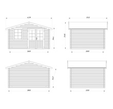 Dessin technique avec dimensions pour un abri de jardin en bois avec porte double et fenêtre.