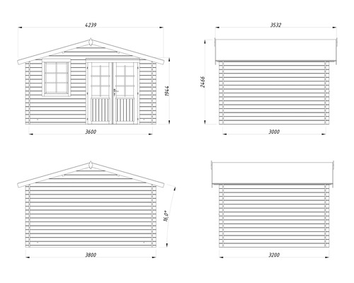 Dessin technique avec dimensions pour un abri de jardin en bois avec porte double et fenêtre.
