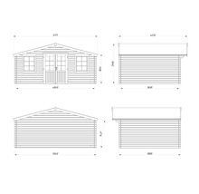 Dessin technique d'une maison de jardin en bois avec dimensions pour les vues avant, arrière et latérales avec toit à deux pans.