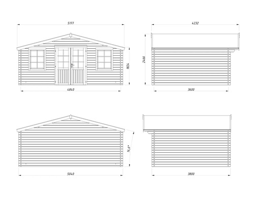 Dessin technique d'une maison de jardin en bois avec dimensions pour les vues avant, arrière et latérales avec toit à deux pans.
