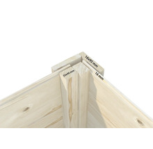 Assemblage d angle d un potager surélevé en bois avec dimensions de 16 par 95 millimètres pour les planches et 32 par 40 millimètres pour le poteau.