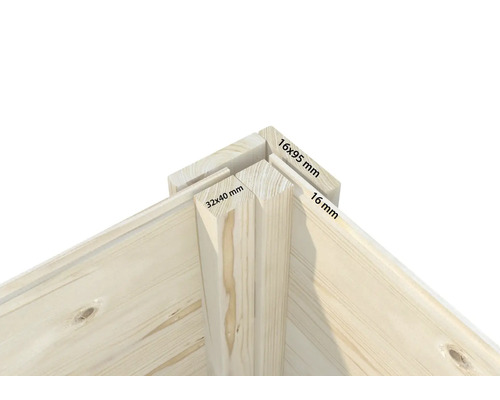Assemblage d angle d un potager surélevé en bois avec dimensions de 16 par 95 millimètres pour les planches et 32 par 40 millimètres pour le poteau.