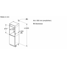 Dessin d encastrement pour une armoire haute de cuisine avec dimensions en millimètres pour la niche et positionnement d une prise.