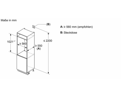 Dessin technique d un meuble encastrable avec dimensions en millimètres pour l installation d un appareil encastrable.