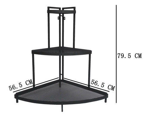 Étagère d angle en métal avec deux tablettes et des dimensions de 56,5 centimètres par 56,5 centimètres par 79,5 centimètres.