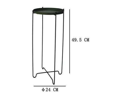 Support pour plantes rond en métal avec quatre pieds, un diamètre de 24 centimètres et une hauteur de 49,5 centimètres.