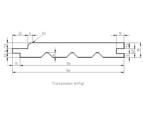 Dessin technique d'une planche profilée avec les dimensions 19 par 146 millimètres et des rainures de séchage.