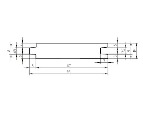 Technische Zeichnung mit Querschnittsprofil einer Holzdiele mit Nut und Feder und Maßen in Millimetern.