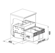 Dessin au trait d un système de tri des déchets pour meuble de cuisine avec indications de dimensions en millimètres pour installation et largeur.