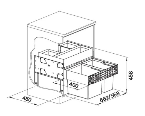 Dessin au trait d un système de tri des déchets pour meuble de cuisine avec indications de dimensions en millimètres pour installation et largeur.