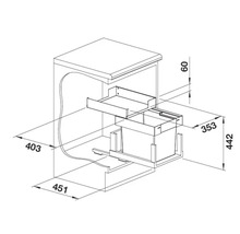 Maßzeichnung für ein Abfalltrennsystem zum Einbau in einen Küchenunterschrank mit Angaben in Millimeter.