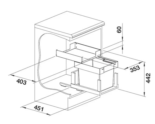 Maßzeichnung für ein Abfalltrennsystem zum Einbau in einen Küchenunterschrank mit Angaben in Millimeter.