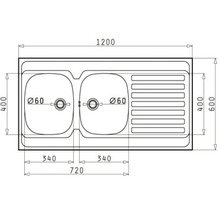 Dessin technique d'un évier encastrable à deux bacs et égouttoir, dimensions 1200 par 600 millimètres.