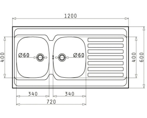 Dessin technique d'un évier encastrable à deux bacs et égouttoir, dimensions 1200 par 600 millimètres.