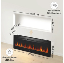 Elektrischer Kamin mit Maßangaben und Gewichtsinformation in einer Wandnische mit Standfußoption.