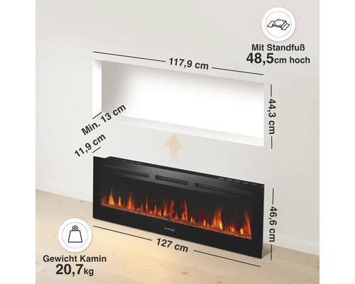 Elektrischer Kamin mit Maßangaben und Gewichtsinformation in einer Wandnische mit Standfußoption.