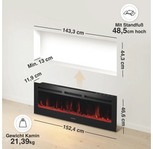 Elektrischer Wandkamin mit Maßangaben und Gewichtsinformationen