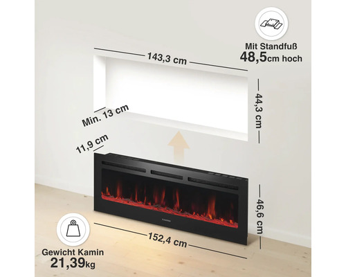 Elektrischer Wandkamin mit Maßangaben und Gewichtsinformationen