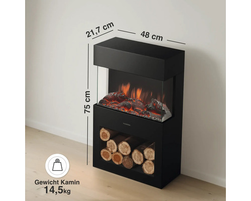 Elektrischer Kamin Kaminio mit Flammeneffekt und Holzfach, Maße 48 mal 21,7 mal 75 Zentimeter, Gewicht 14,5 Kilogramm