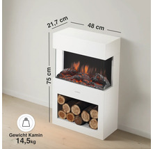 Elektrischer Kamin in Weiss mit Flammeneffekt und Holzlagerfach, Masse 48 mal 21,7 mal 75 Zentimeter, Gewicht 14,5 Kilogramm.