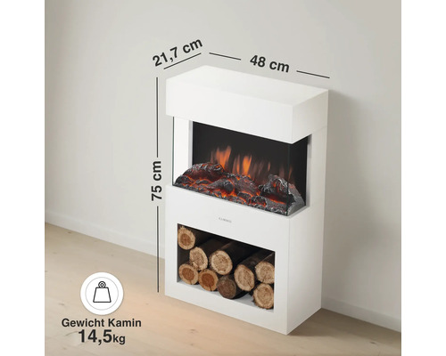Elektrischer Kamin in Weiss mit Flammeneffekt und Holzlagerfach, Masse 48 mal 21,7 mal 75 Zentimeter, Gewicht 14,5 Kilogramm.