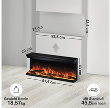 Elektrischer Kamin in rechteckiger Form mit Flammeneffekt und Maßangaben für die Montage an einer Wand.