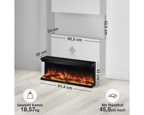 Elektrischer Kamin in rechteckiger Form mit Flammeneffekt und Maßangaben für die Montage an einer Wand.