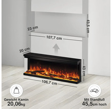Elektrischer Kamin mit Flammeneffekt, Breite 106,7 cm, Höhe 43 cm, Tiefe 20 cm, inklusive Maßangaben und Gewicht von 20,06 Kilogramm.