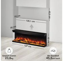 Elektrischer Wandkamin mit Maßangaben und Gewicht von 23,6 Kilogramm sowie optionalem Standfuß für eine Gesamthöhe von 45,5 Zentimetern.