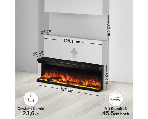 Elektrischer Wandkamin mit Maßangaben und Gewicht von 23,6 Kilogramm sowie optionalem Standfuß für eine Gesamthöhe von 45,5 Zentimetern.