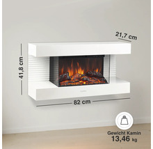 Wand-Elektrokamin mit Flammeneffekt, Maße 82 mal 41,8 mal 21,7 Zentimeter, Gewicht 13,46 Kilogramm.