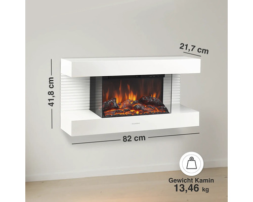 Wand-Elektrokamin mit Flammeneffekt, Maße 82 mal 41,8 mal 21,7 Zentimeter, Gewicht 13,46 Kilogramm.